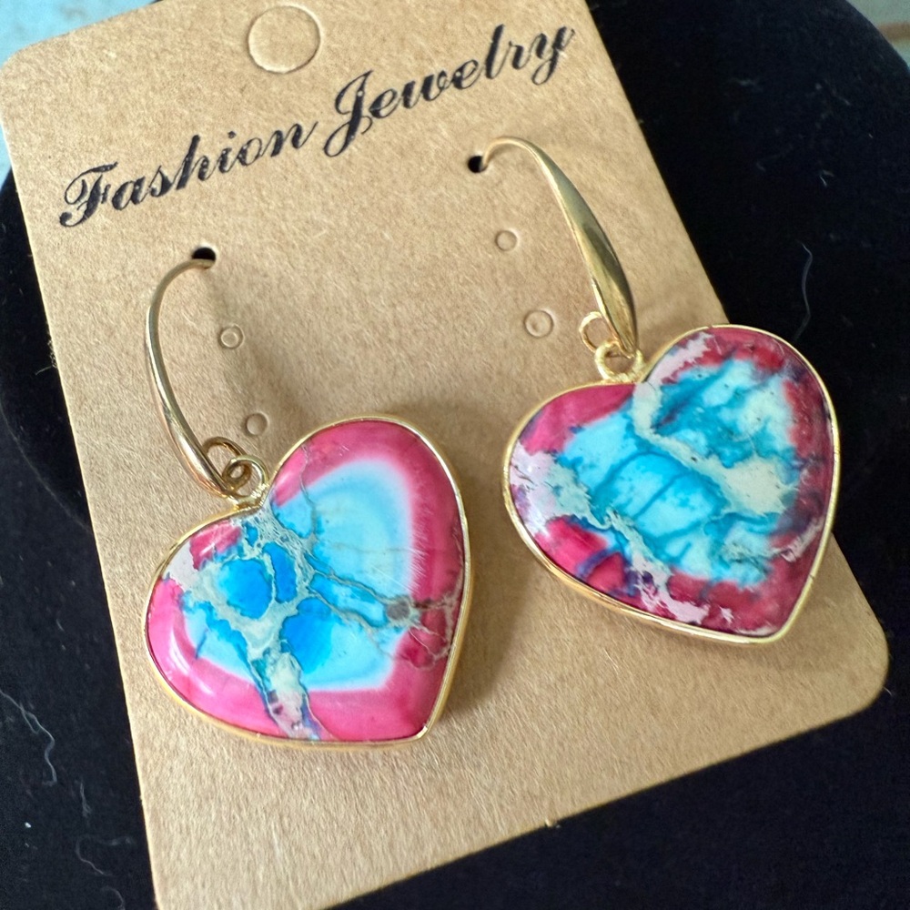 Pink and Blue Jasper Heart Earrings